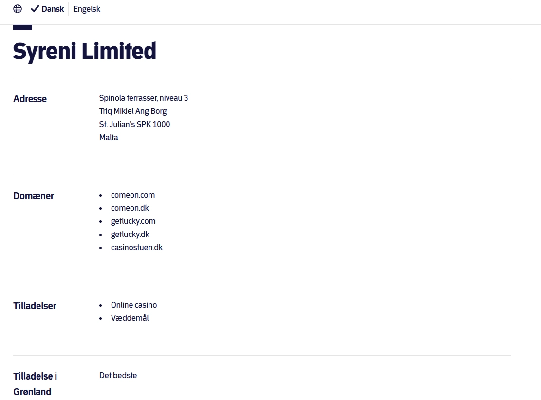 Spillemyndighedens registerpost for Syreni Limited og GetLucky